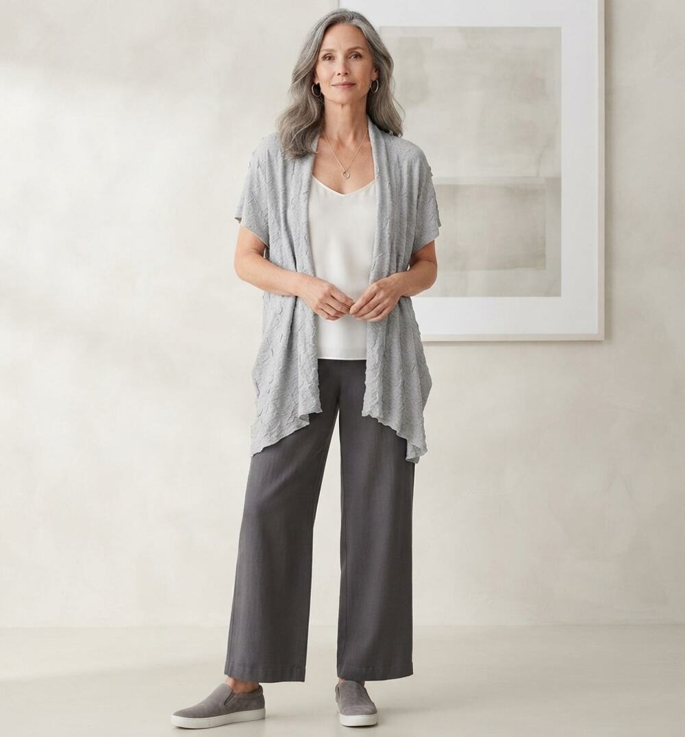 Eileen Fisher Open Front Crinkle Textured Cardigan Italian Yarn L. Gray XL